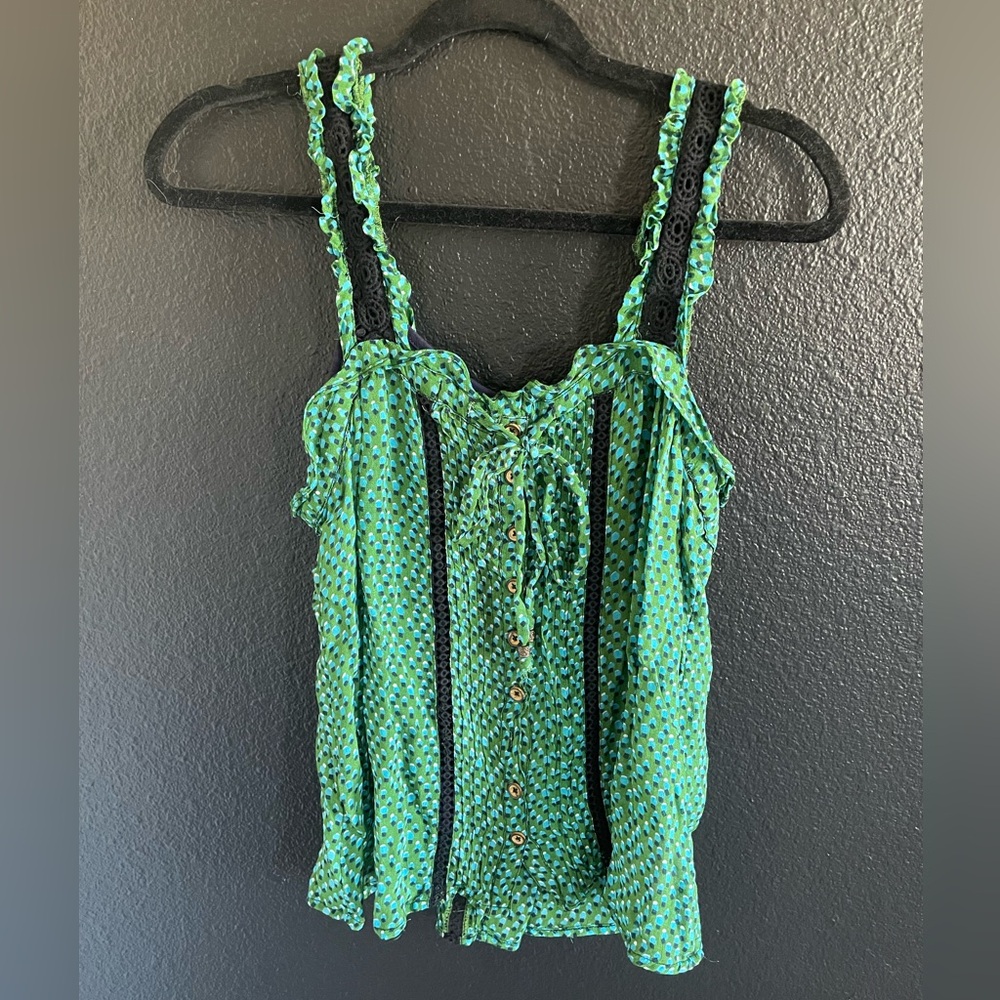 Anthropologie Teal and Black Patterned Blouse